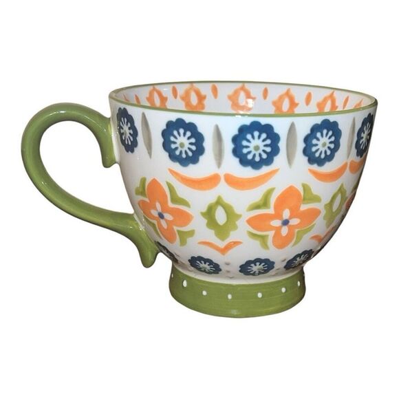 Turkish Floral Design Raised Relief Stoneware Footed Coffee Mug Cup 14oz - Picture 2 of 3